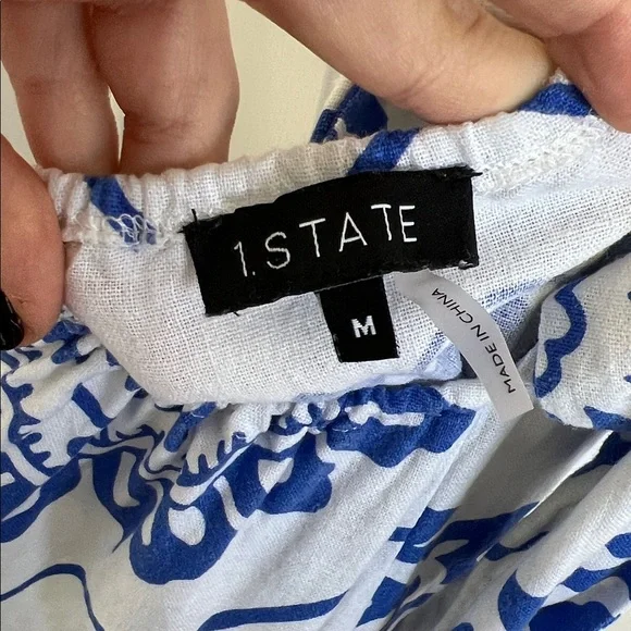 1.state revolve linen blue, white Portuguese tile print open back maxi dress Med - Picture 9 of 10